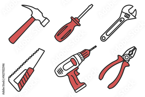 Collection of hand tools isolated on white background