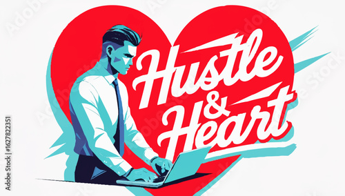 Man working on his laptop happily with the phrase Hustle and heart