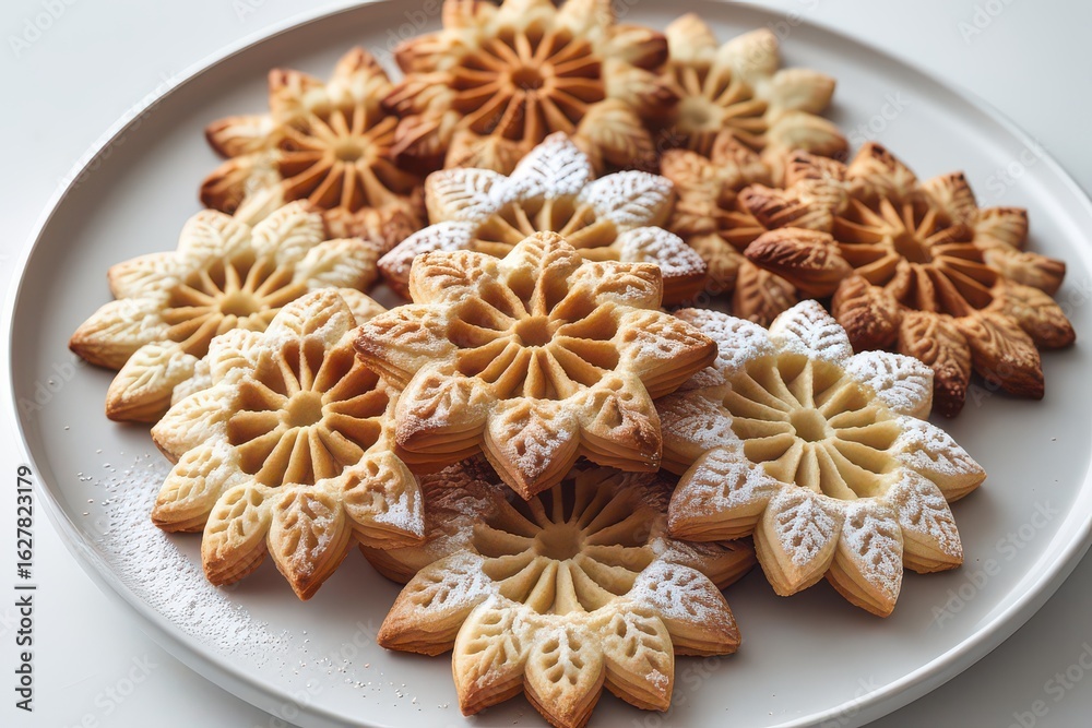 Fototapeta premium Plate of flower-shaped rosette cookies dusted with powdered sugar on a white background