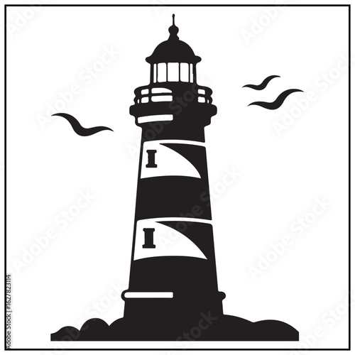 Vector art of lighthouse with seagulls flying isolated on white background