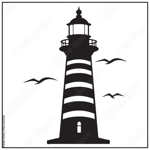 Vector art of lighthouse with seagulls flying around isolated on white background