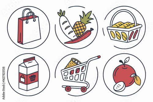Set of grocery shopping icons including bag, cart, basket, and food