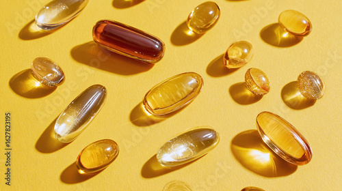 Wallpaper Mural Gel capsules scattered on a yellow backdrop, featuring a mix of transparent and amber-colored supplements, casting shadows, and suggesting health and wellness. Torontodigital.ca