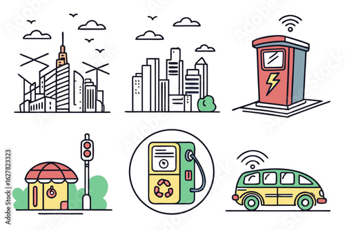 Smart city icons with electric transport and charging stations