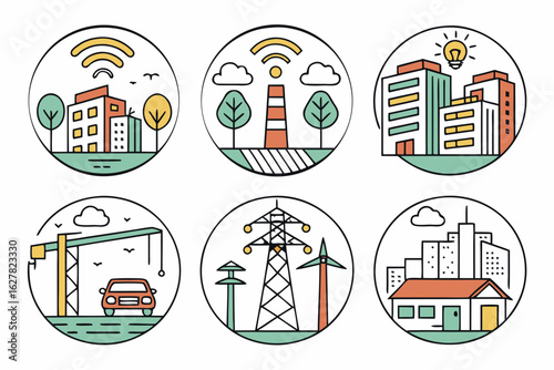 Set of circular icons representing city life, technology, and industry