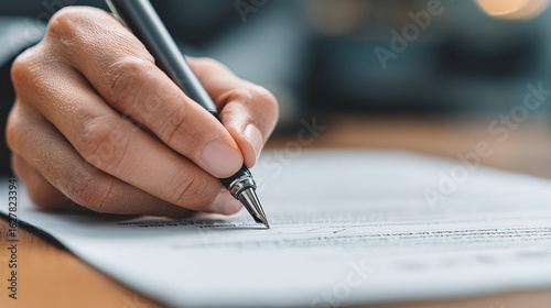 Hand writing on paper with pen. The image shows a close-up of someone signing a document or taking notes, emphasizing precision and attention to detail.