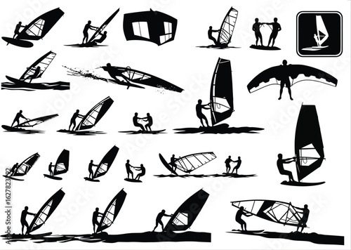 Collection of dynamic silhouette illustrations depicting windsurfing action and equipment on water with a clean artistic style