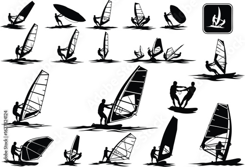 Collection of dynamic black and white silhouettes of windsurfers in action on the water with sails