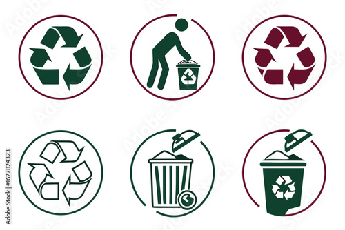 Collection of recycling and waste disposal symbols and icons