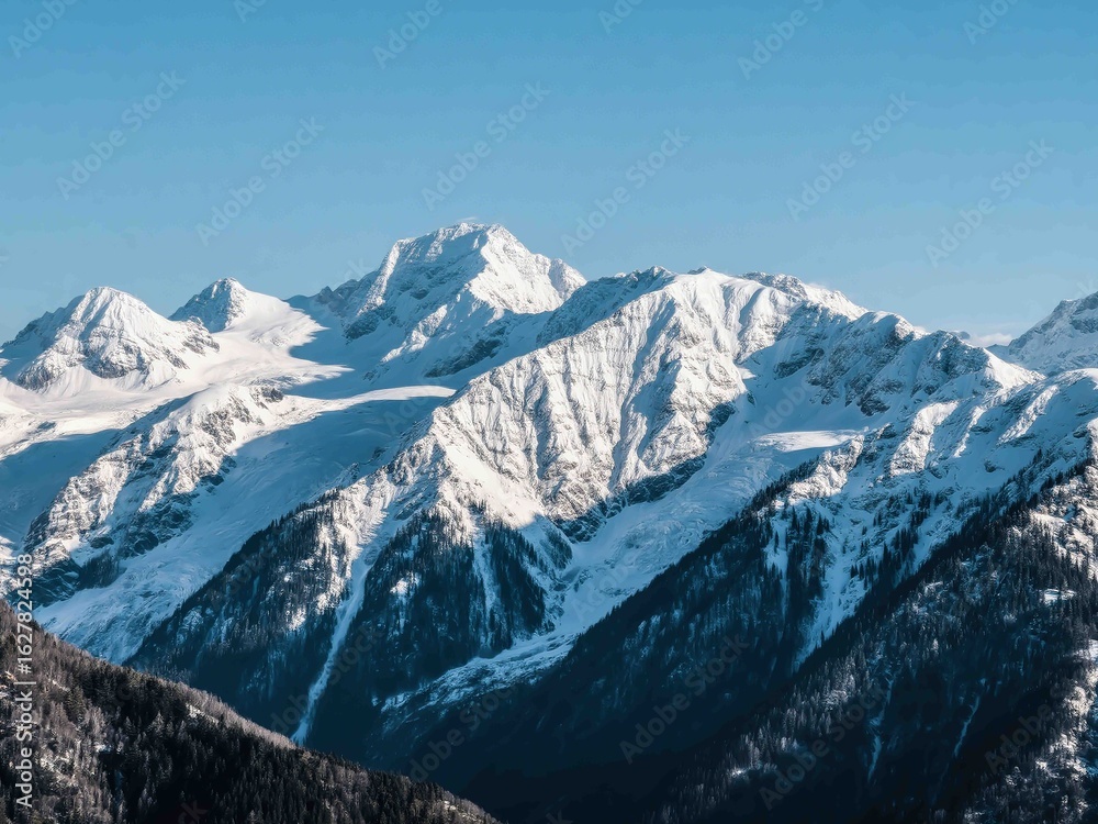 Fototapeta premium A majestic view of snow-capped mountain peaks illuminated by crisp daylight and framed by a clear blue sky. The rugged terrain and deep valleys add depth to the dramatic alpine scenery