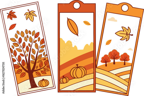 Three autumn bookmarks with falling leaves, pumpkins and trees in orange and yellow colors design