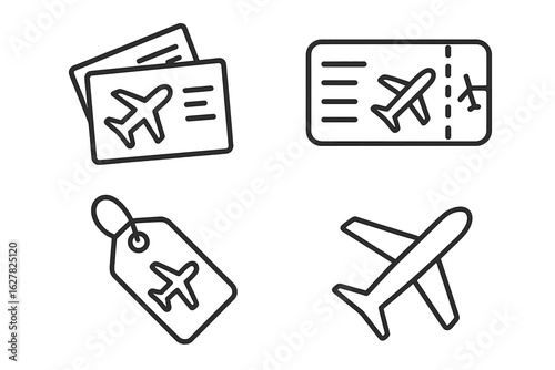 Vector icons of airline tickets and airplane illustrations for travel