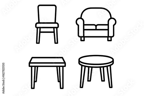 Simple line drawings of furniture - chair, sofa, square table, round table