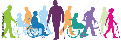 Colorful Silhouettes of People with Disabilities Using Mobility Aids Wheelchairs, Canes, and Walkers