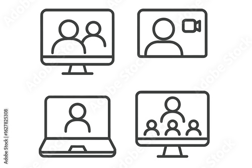 Set of video call icons on computer screens for online meetings and virtual communication