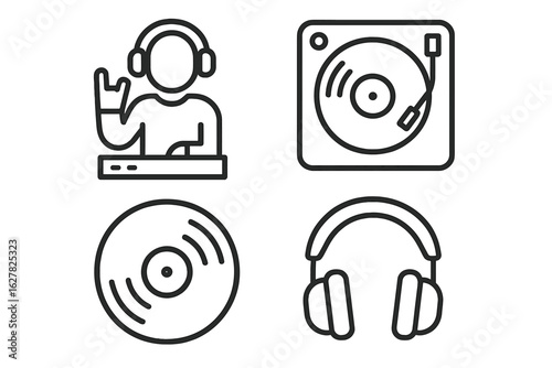Dj icon set featuring turntable, headphones, vinyl record, and dj gesture