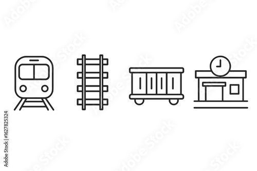 Simple line icons of train, railroad tracks, freight wagon, and train station