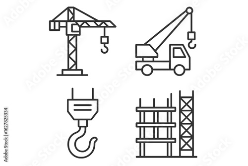 Construction equipment icons: crane, truck, hook, scaffolding line art