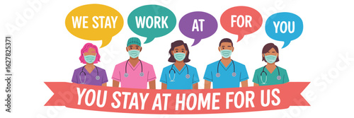 Medical Professionals Wearing Masks Asking Public to Stay Home During Pandemic Illustration