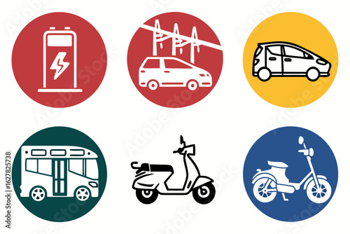 Collection of electric vehicle icons including car, bus, and scooter