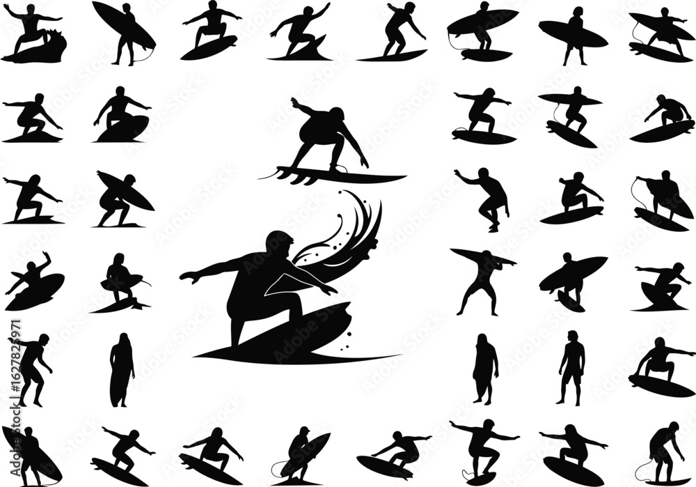 Naklejka premium Collection of dynamic silhouette illustrations showcasing surfers in various action poses on waves and surfboards