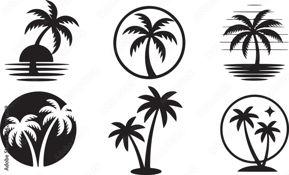 Fototapeta premium Black Silhouette Palm Tree Icons