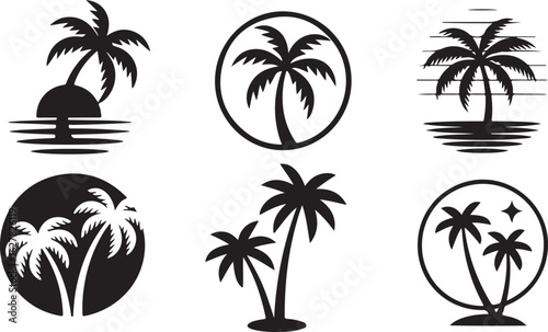 Palm tree silhouettes vector icons set depicting tropical paradise vacation and summer beach scene designs for travel and tourism industry