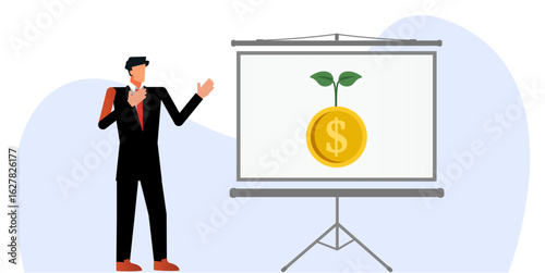 Investment presentation concept vector illustration of a businessman giving a financial growth presentation with a coin and plant, symbolizing profit, savings, wealth, planning, and business strategy.