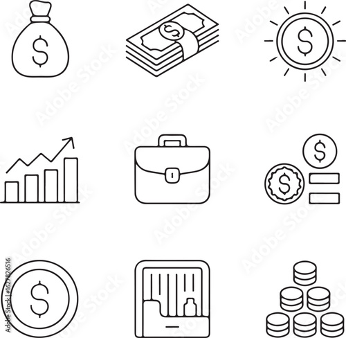 Financial Growth and Investment Opportunities Presented in Line Art Icons for Business and Finance Conceptualization