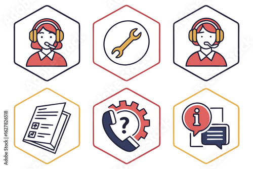 Customer support icons with headset, wrench, document, and information symbols