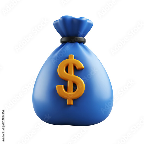 A blue money bag with a gold dollar sign on it against in a 3d render style on transparent background