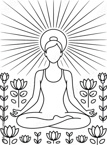 Woman meditating in lotus pose with sunburst and flowers