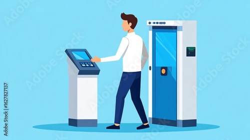 Person using modern automated kiosks in technological setting