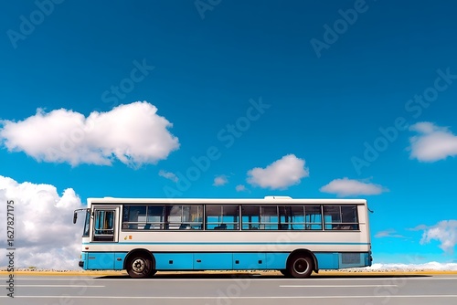 Blue and white bus driving on a sunny day.