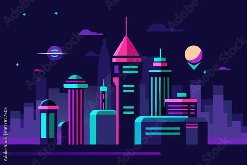 Futuristic cityscape with neon lights and geometric shapes