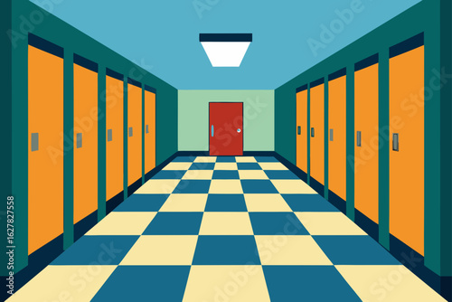 School hallway with orange lockers and checkered floor