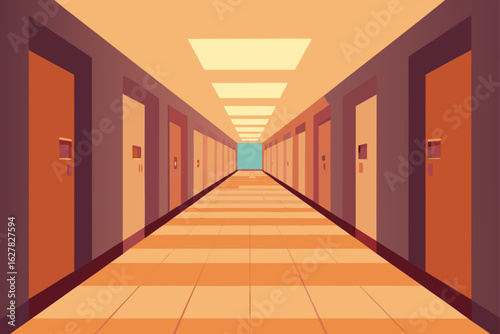 Long corridor with doors and overhead lighting perspective