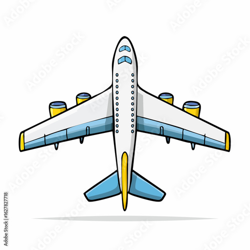 Cartoon depiction of a commercial airplane viewed from above ready to travel the skies