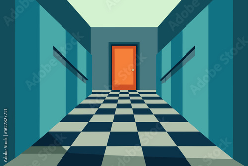 Geometric hallway with orange door and checkerboard floor