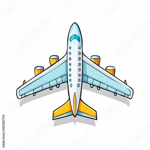 Cartoonish depiction of a passenger airplane with blue and yellow coloring against white background