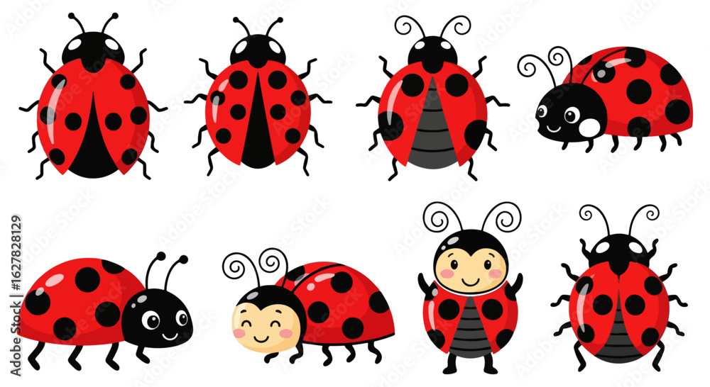 Fototapeta premium Cute Ladybug Vector Set – Cartoon Red Ladybugs Collection