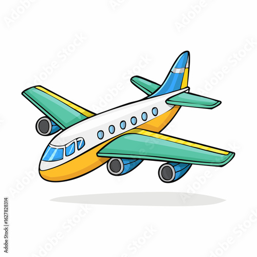 Cartoon airplane with yellow, green and blue colors, isolated on a white background