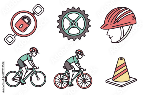 Cycling icons including helmet, lock, gear, cyclist and traffic cone