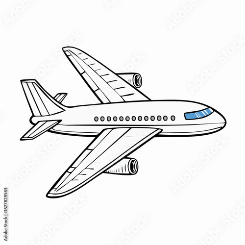 Detailed line drawing of a passenger airplane soaring through the sky for transportation