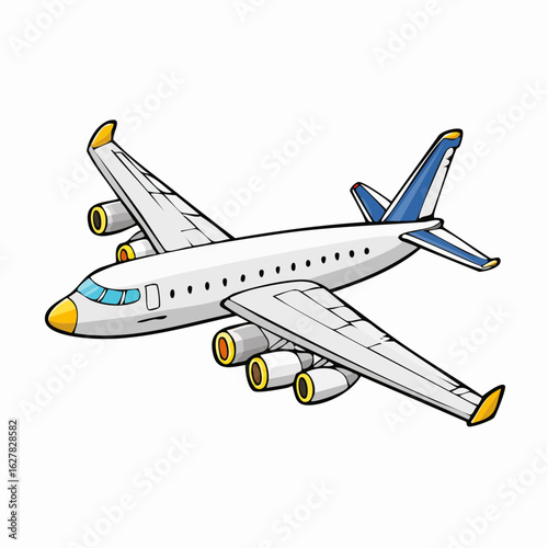 Cartoon depiction of a commercial airplane in flight showcasing a clean and vibrant illustration