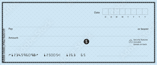 Blue Bank check, vector blank money cheque, checkbook template with guilloche pattern and fields. Currency payment coupon, money check background
