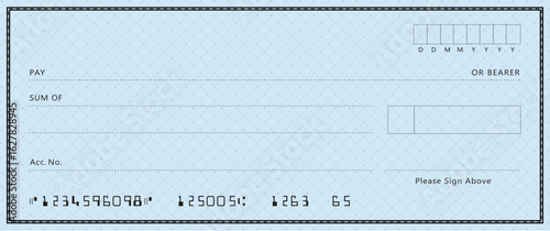 Blue Bank check, vector blank money cheque, checkbook template with guilloche pattern and fields. Currency payment coupon, money check background