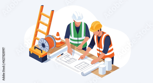 Construction workers reviewing blueprints with tools and materials plans Vector illustration of
