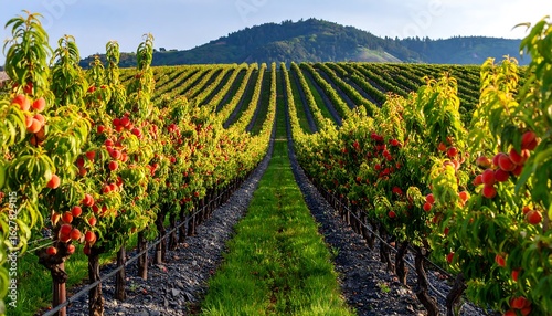Peach Orchard Rows with Ripe Fruit and Distant Hill