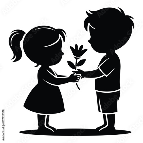 A Boy Offering a Flower to a Girl Represents Friendship Love and Affection in Silhouette Art Style